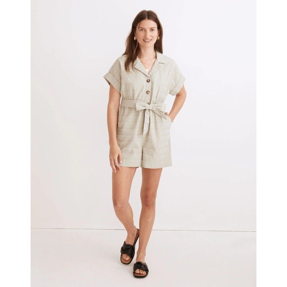 Madewell Women's Ashen Sage Green‎ Seersucker Camp Romper Size XL